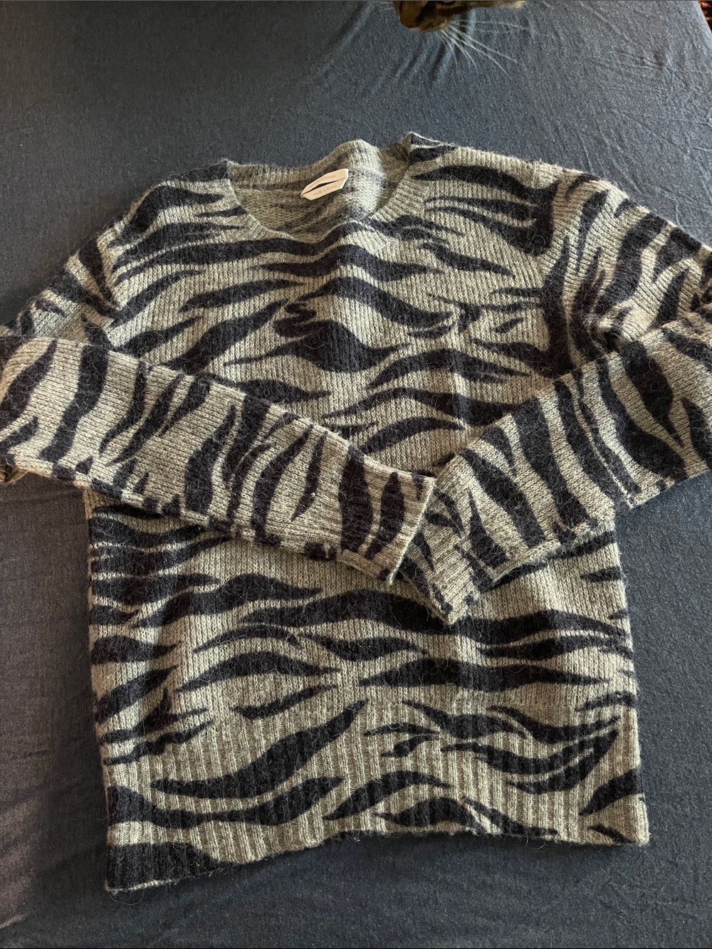 See By Chloe Black and Gray Zebra-Print Crewneck Sweater